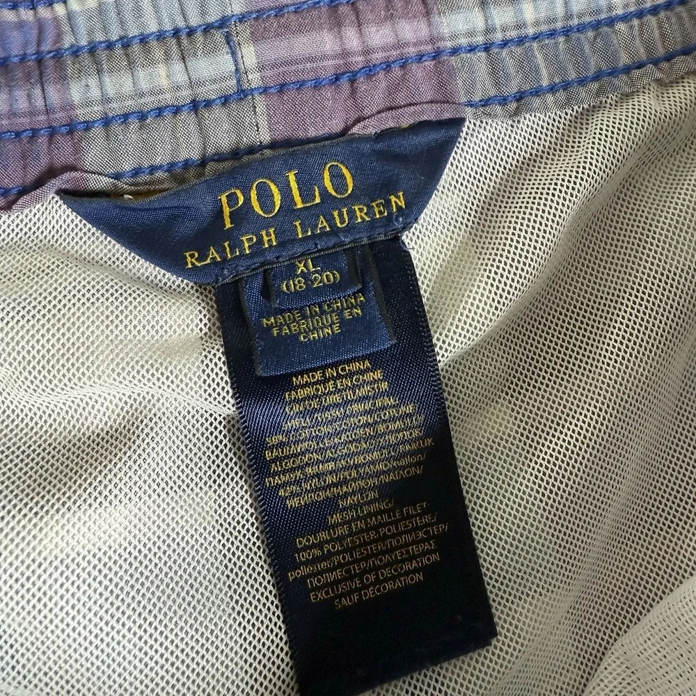 Polo Ralph Lauren‎ Swim Trunks Youth XL Blue Plaid Drawstring Board Shorts Lined